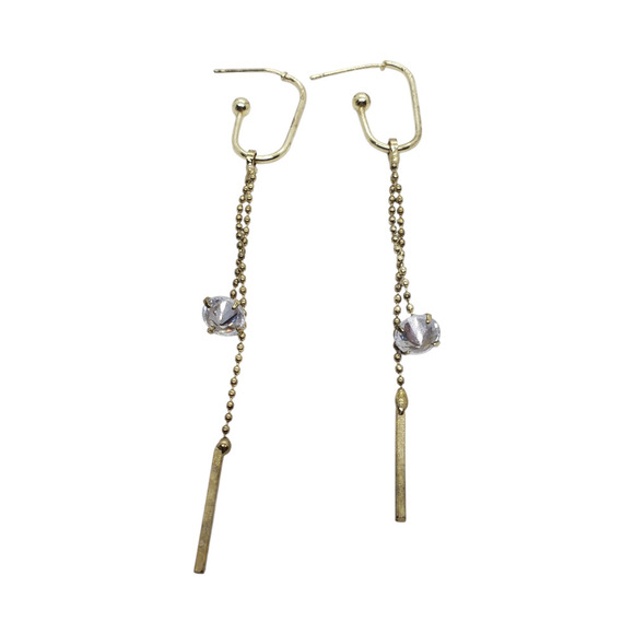 Gold Tone Drop Chain Earrings Crystal Bead Dangle Minimalist Modern Jewelry - Picture 2 of 9